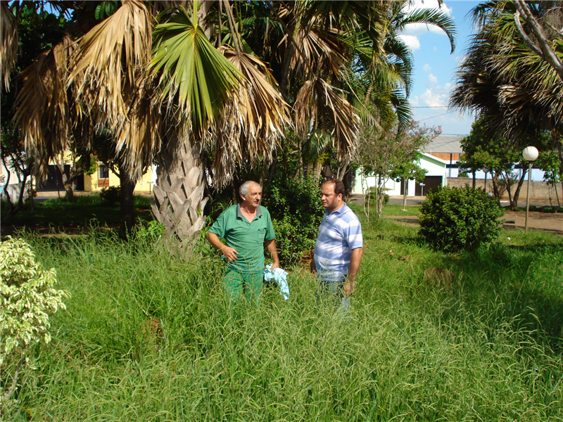 Morador mostra mato alto ao vereador Juca em praça do Jardim Dulce